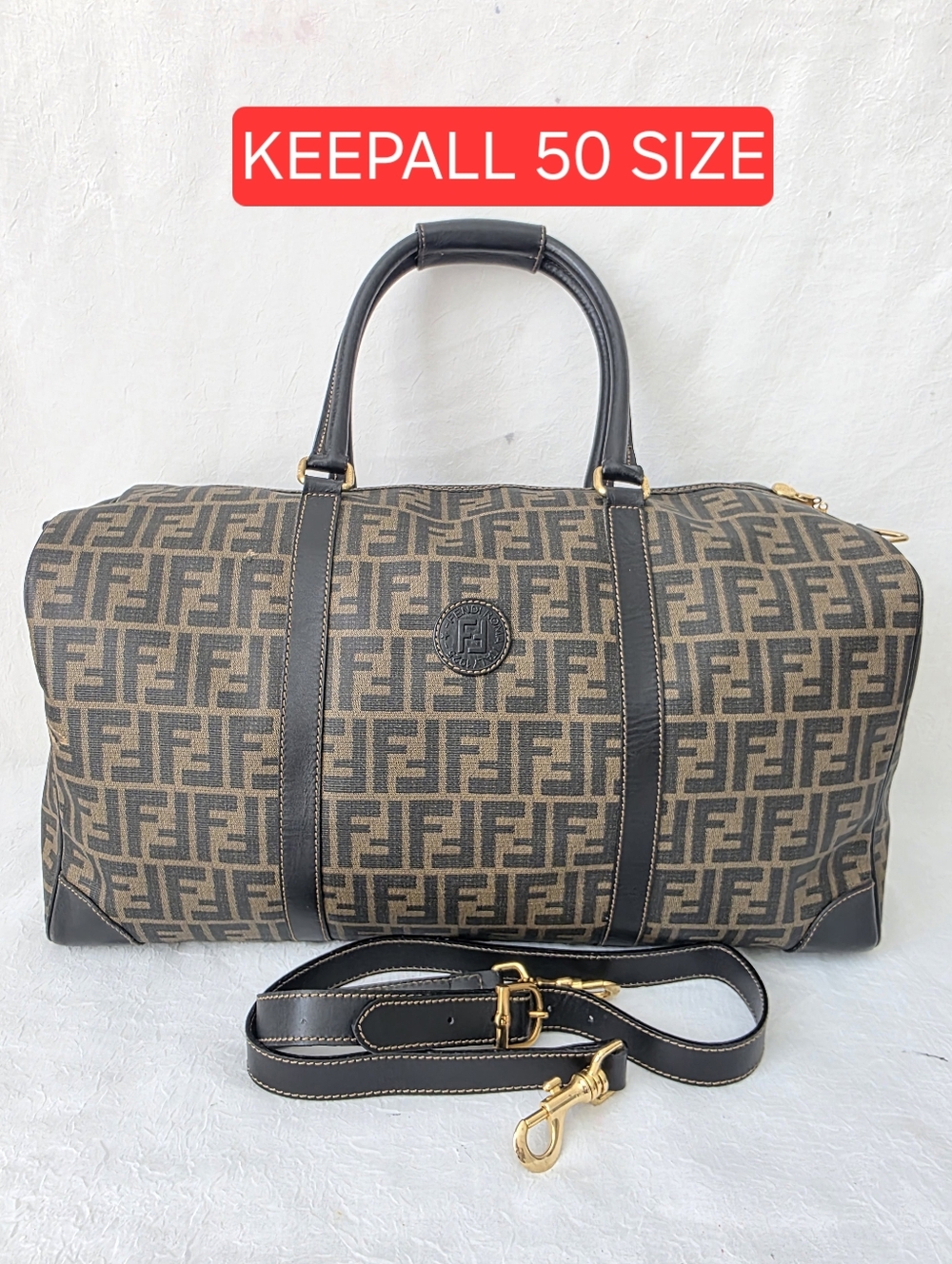 Auth Fendi Zucca  Black/Brown Duffel Travel Bag (KEEPALL 50)